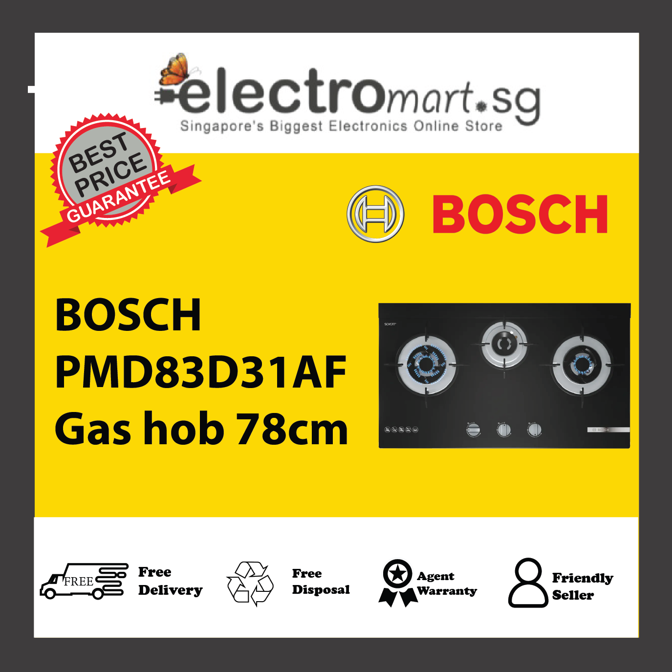 BOSCH PMD83D31AF Series 4 Gas hob 78 cm Tempered glass