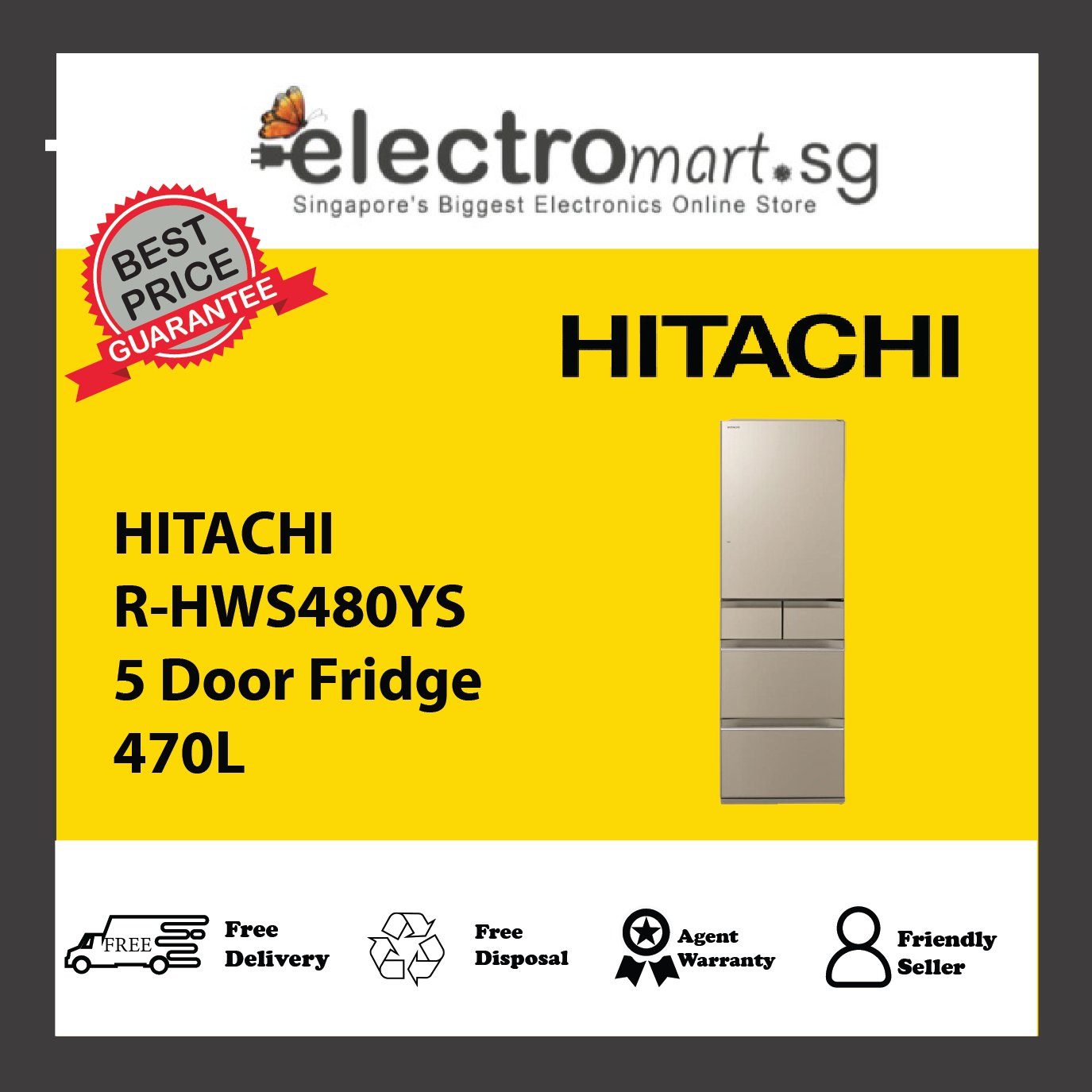 HITACHI R-HWS480YS 5 Door Fridge 470L