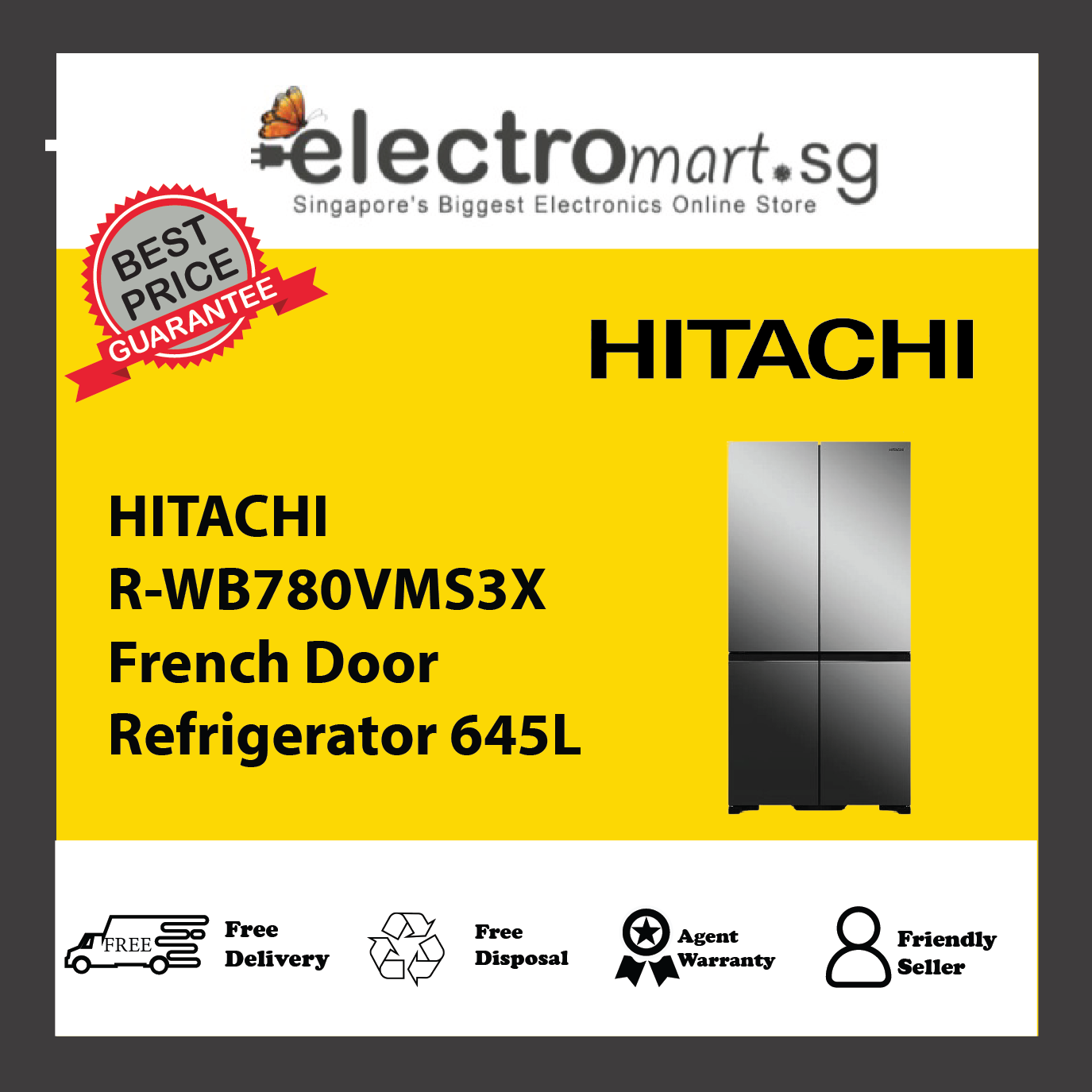 HITACHI R-WB780VMS3X French Door Refrigerator 645L