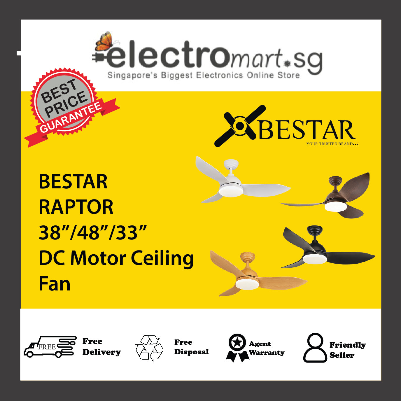 BESTAR RAPTOR 38”/48”/33”  DC Motor Ceiling  Fan