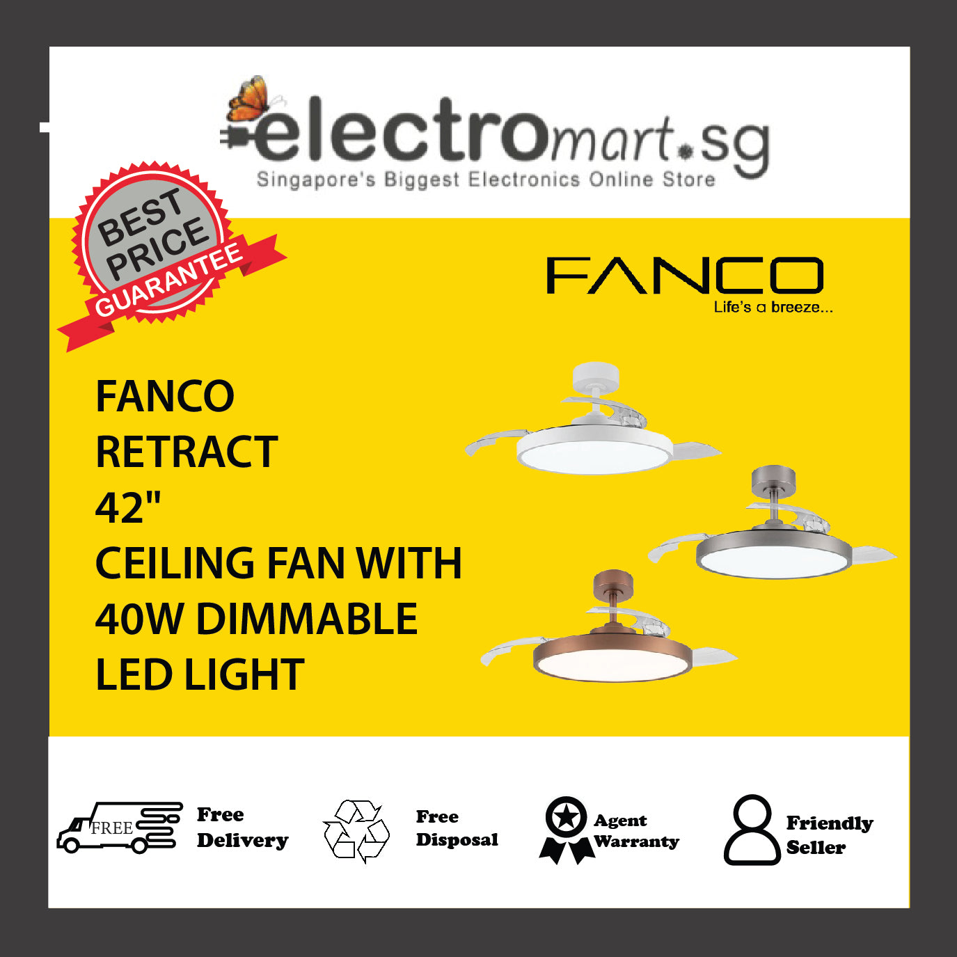 FANCO RETRACT 42" CEILING FAN WITH 40W DIMMABLE LED LIGHT
