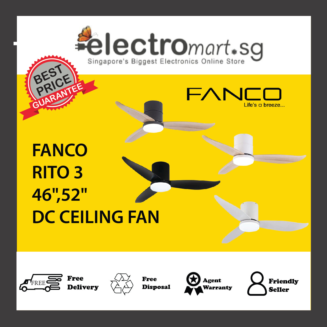 FANCO RITO 3 46",52" DC CEILING FAN