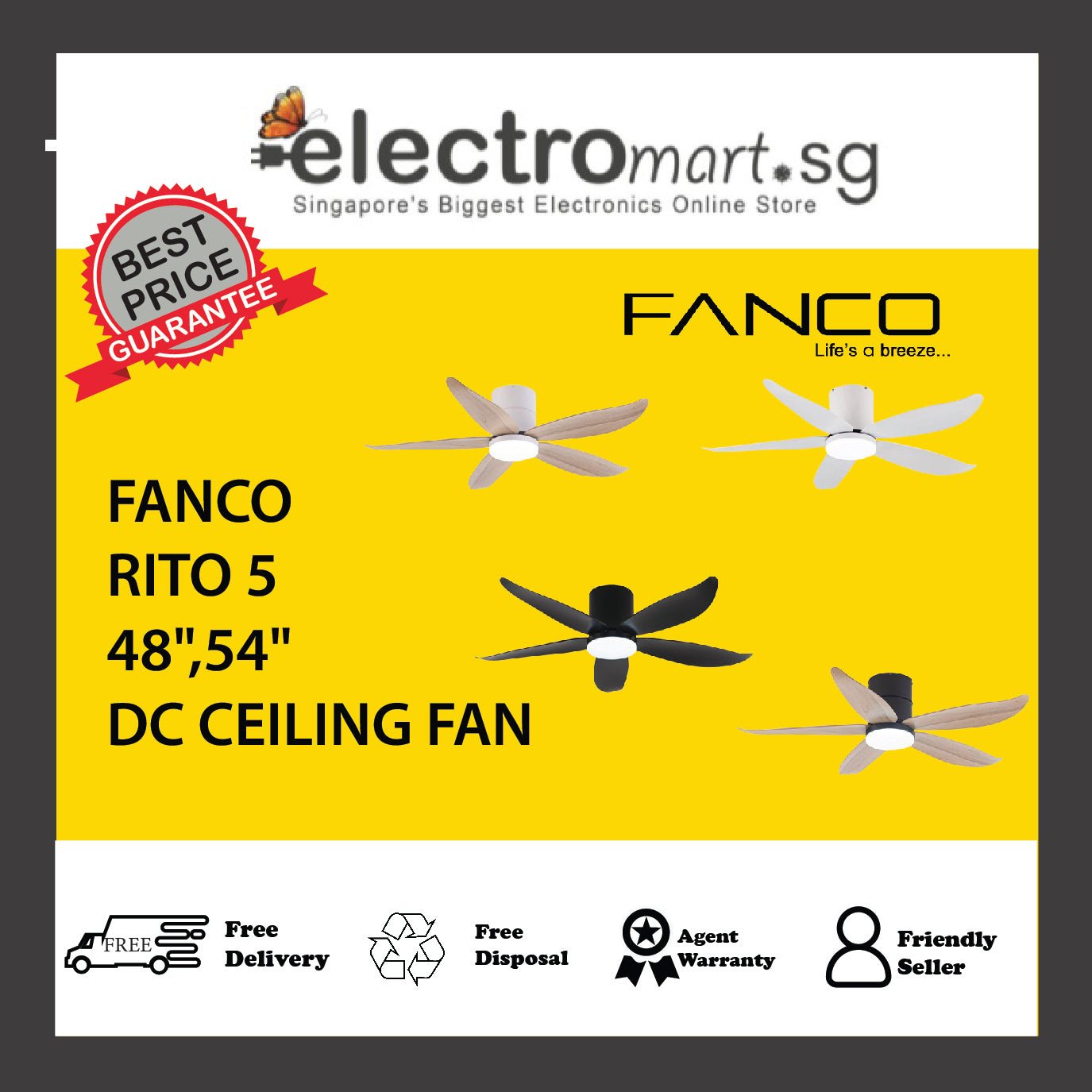 FANCO RITO 5 48",54" DC CEILING FAN