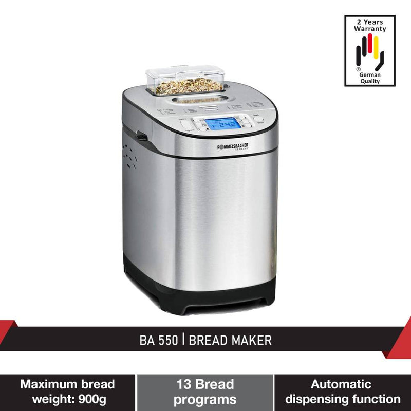 Home Home Appliances Bakers Corner Bread Maker Rommelsbacher BA 550 Bread Maker with Automatic Ingredient Dispenser 2 Year Warranty Previous product    Next product Rommelsbacher Rommelsbacher BA 550 Bread Maker with Automatic Ingredient Dispenser