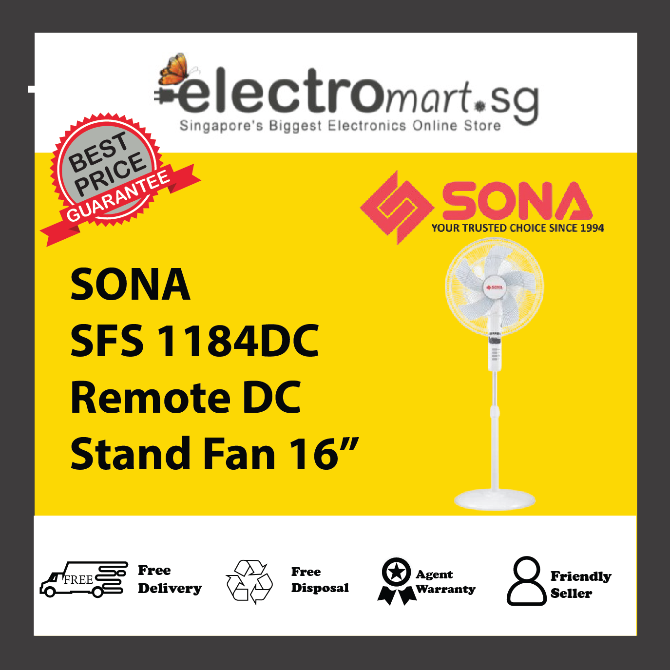 SONA SFS 1184DC Remote DC Stand Fan 16”