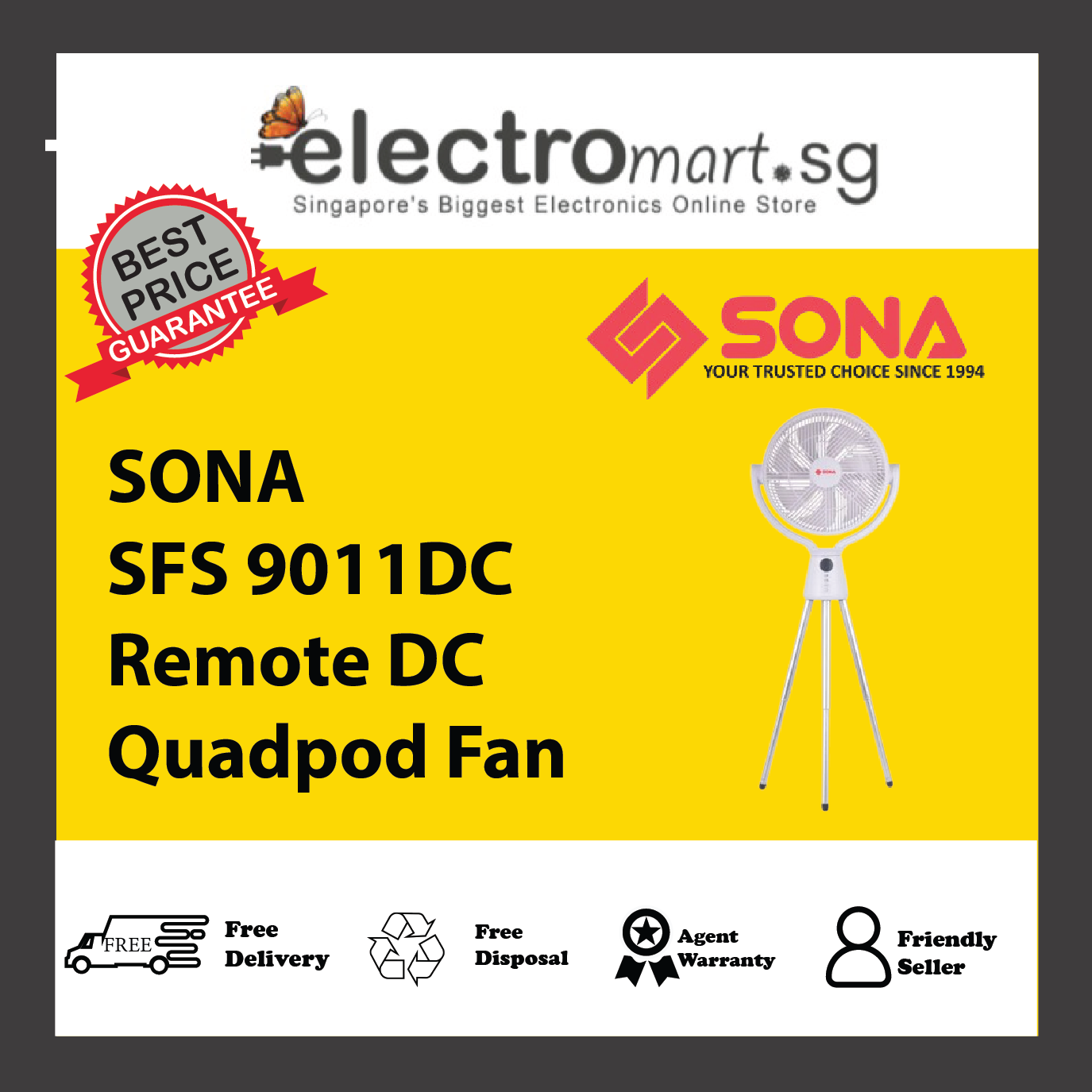 SONA SFS 9011DC Remote DC Quadpod Fan 12"