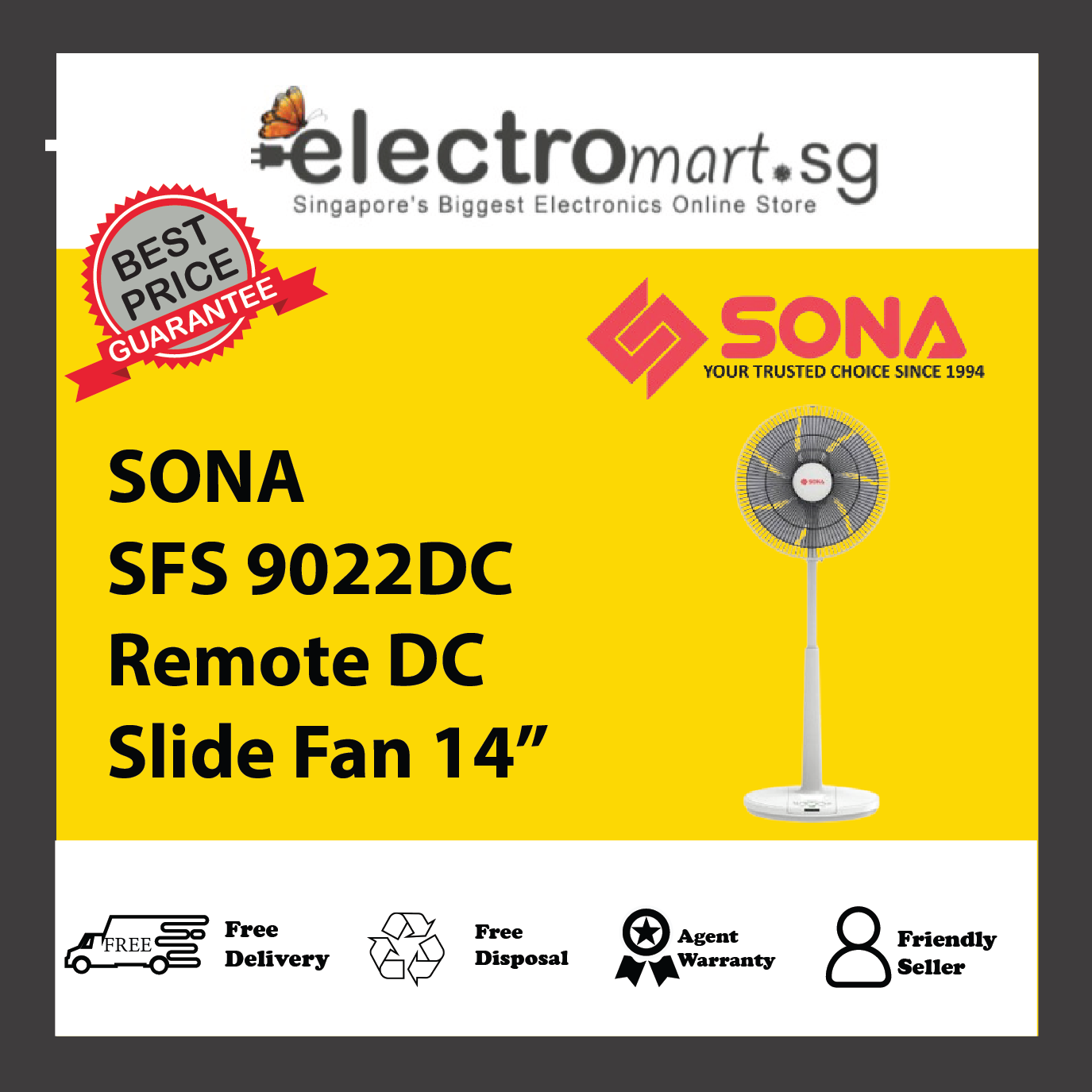 SONA SFS 9022DC Remote DC Slide Fan 14”