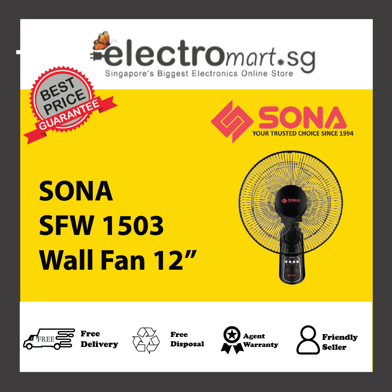 SONA SFW 1503 Remote Wall Fan 12"