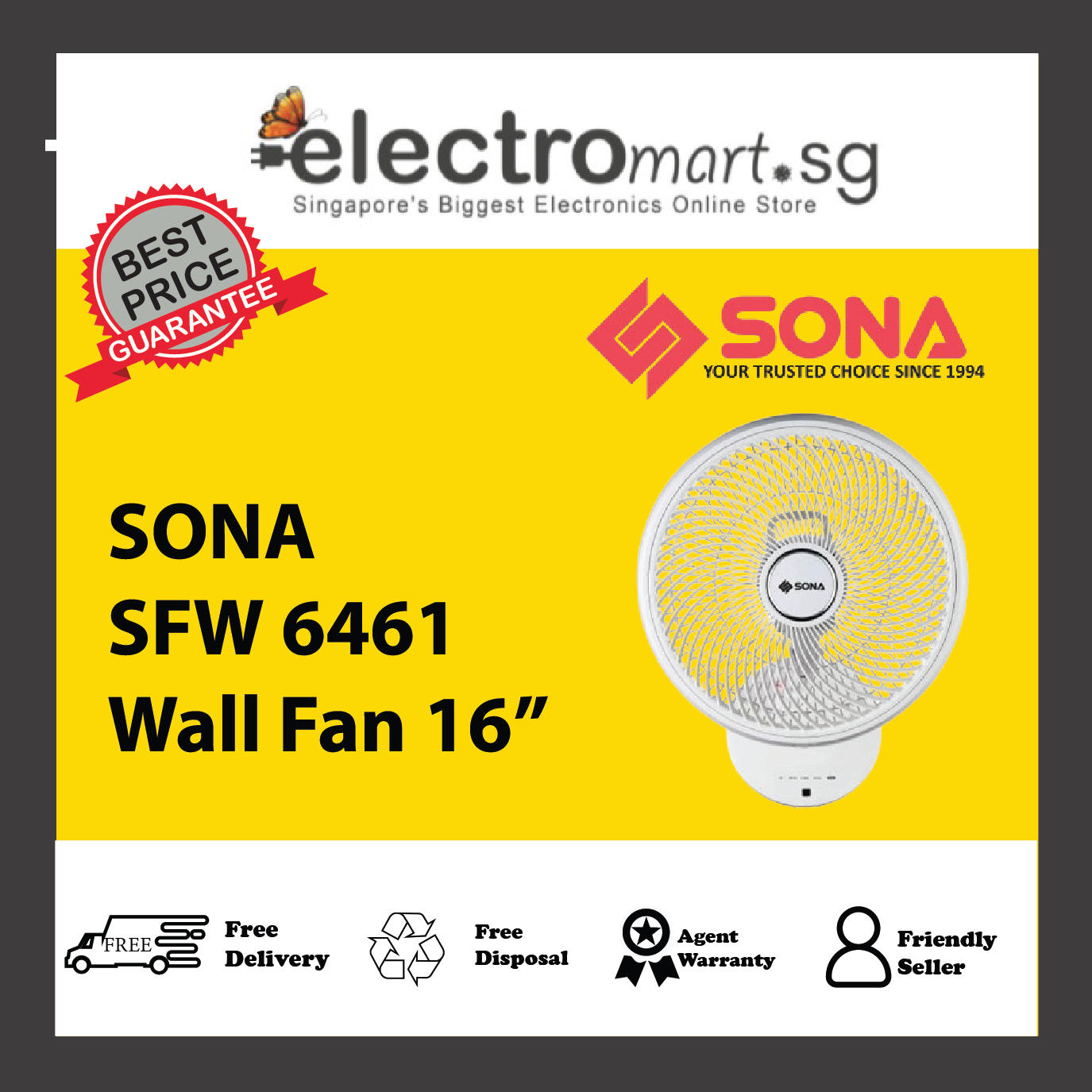 SONA SFW 6461 16” Remote Wall Fan