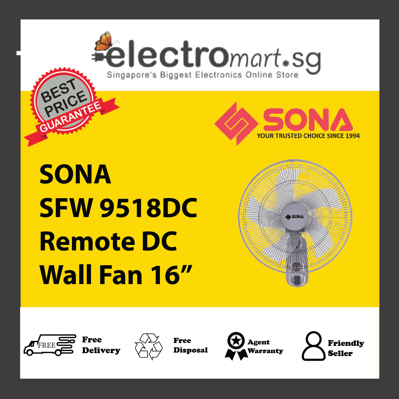 SONA SFW 9518DC Remote DC Wall Fan 16”