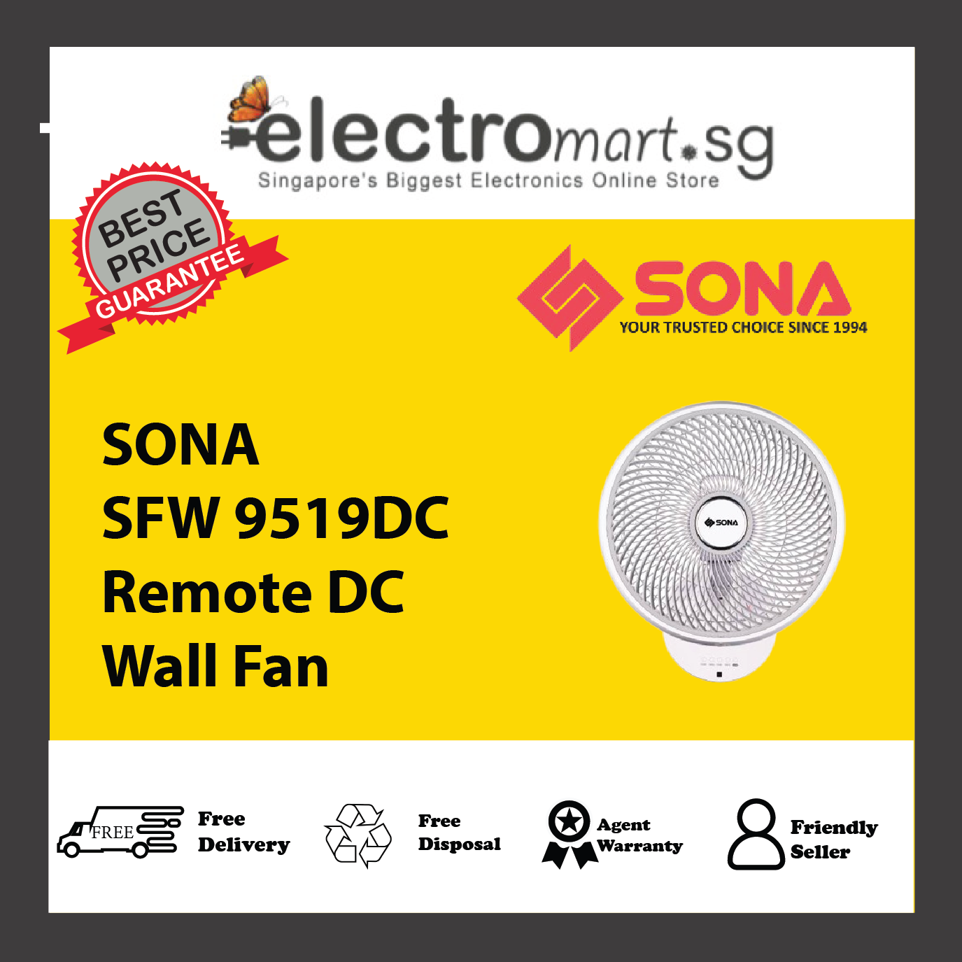 SONA SFW 9519DC Remote DC Wall Fan