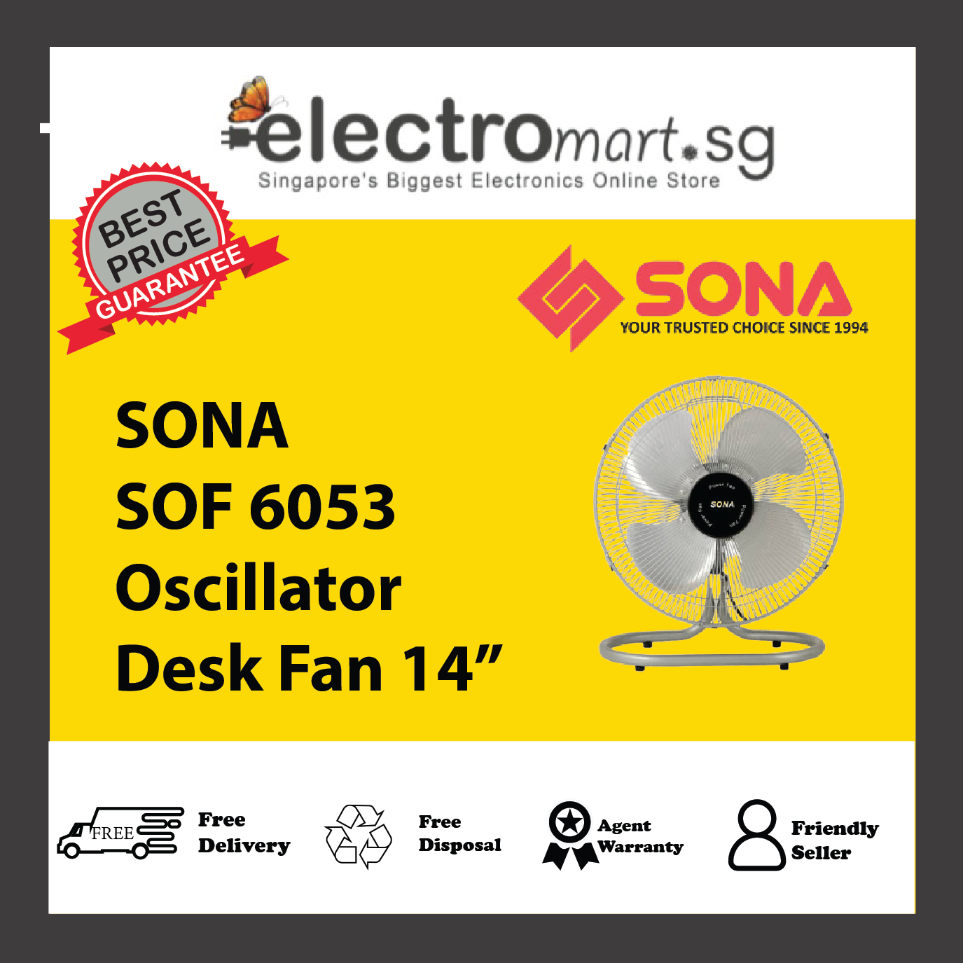SONA SOF 6053 Oscillator Desk Fan 14”