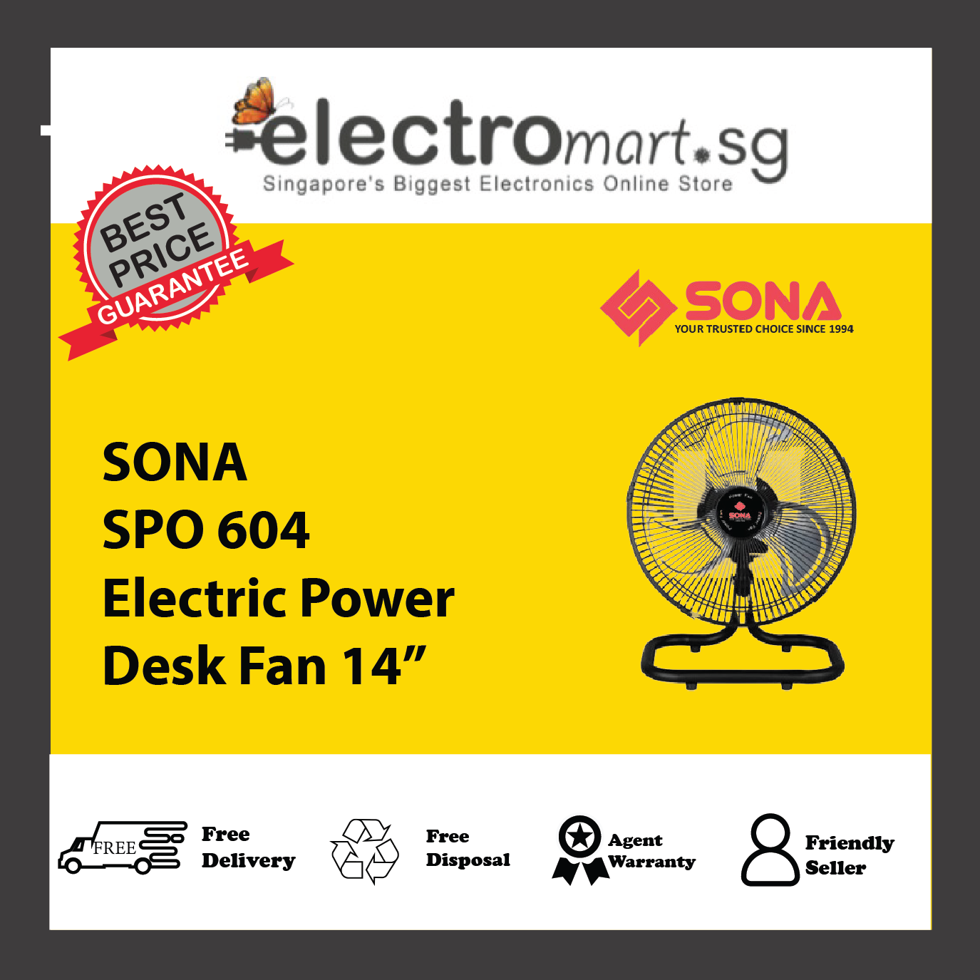 SONA SPO 604 Electric Power Desk Fan 14”