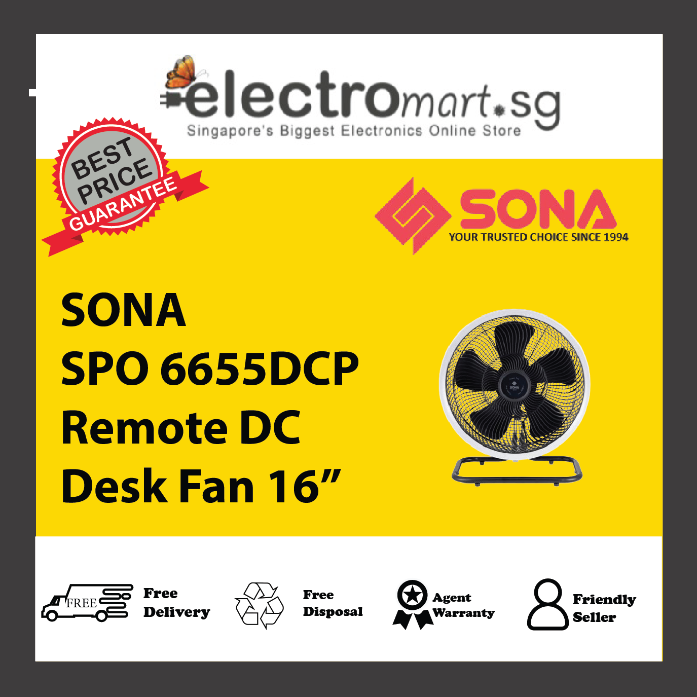 SONA SPO 6655DCP Remote DC Desk Fan 16”