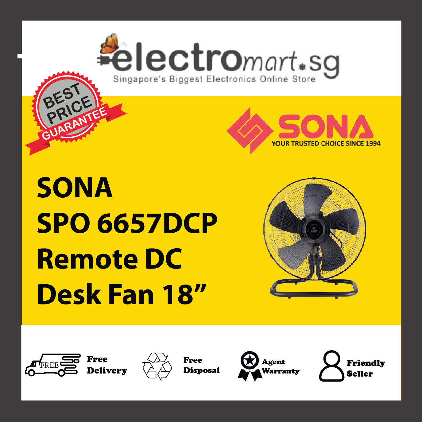 SONA SPO 6657DCP Remote DC Desk Fan 18”