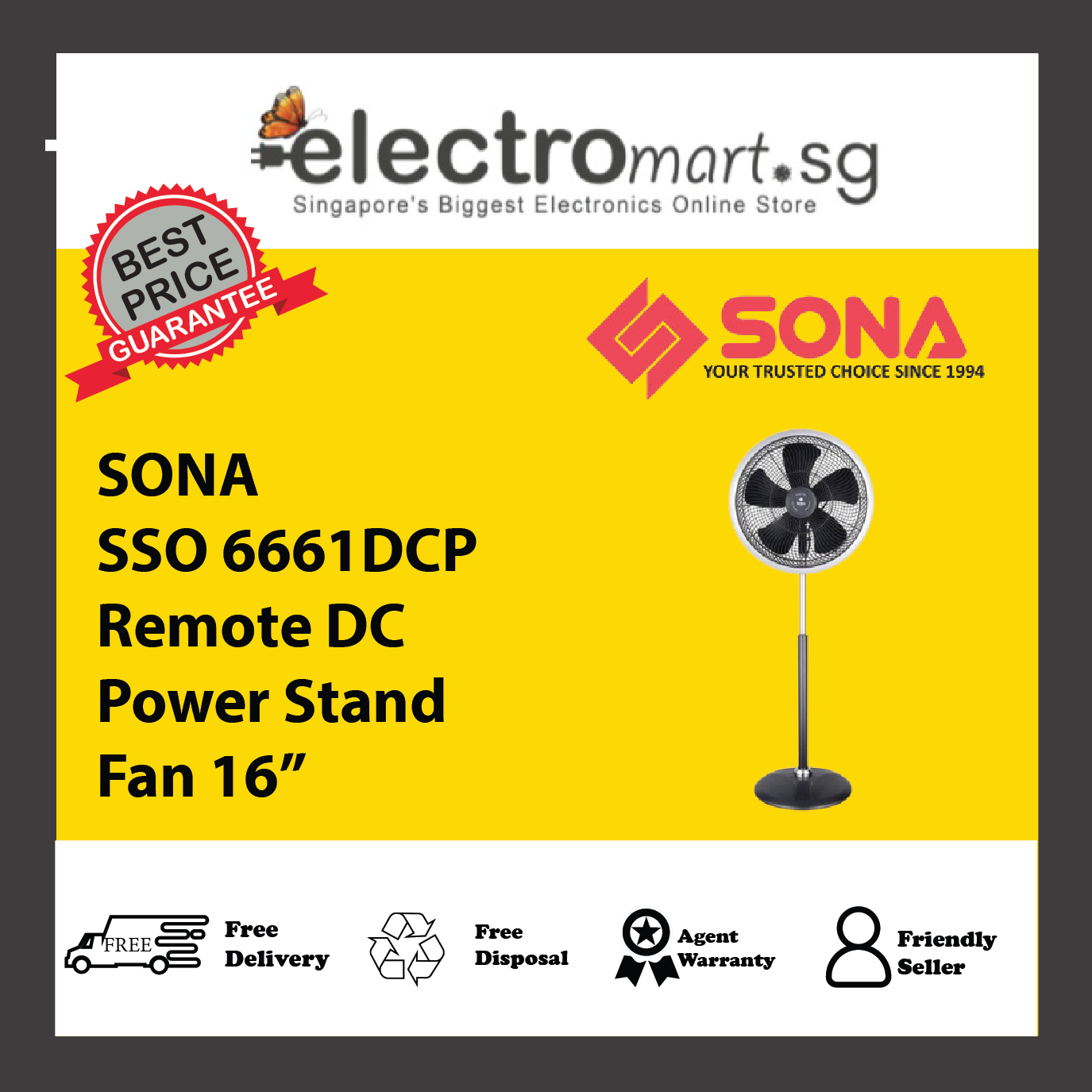 SONA SSO 6661DCP Remote DC Power Stand Fan 16”