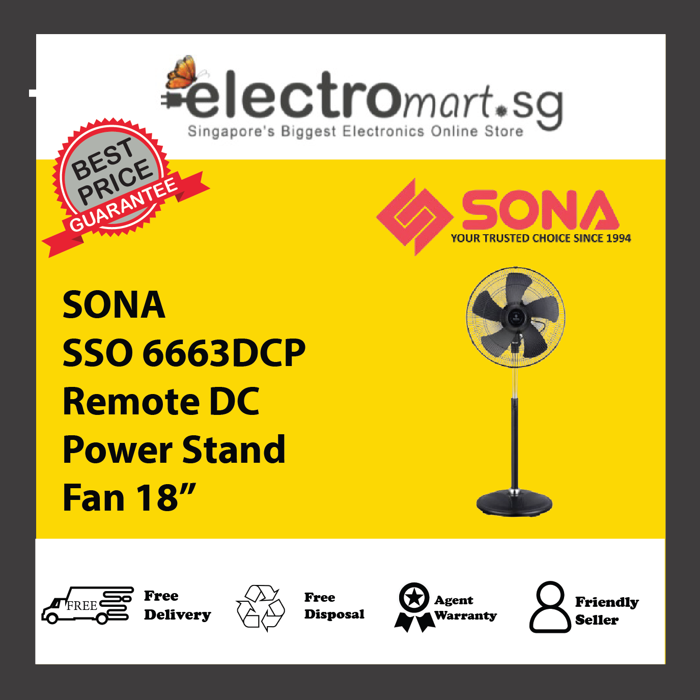 SONA SSO 6663DCP Remote DC Power Stand Fan 18”