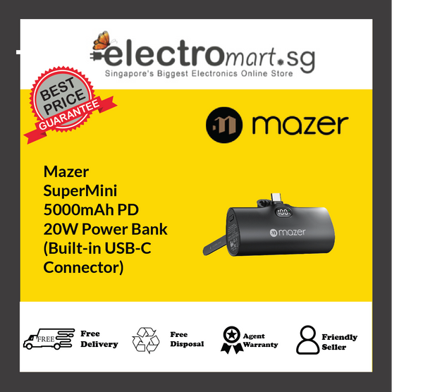 Mazer Super Mini 5000mAh PD 20W Power Bank (Built-in USB-C Connector)