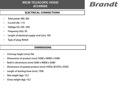BRANDT AT2490XE Telescopic Hood 90cm