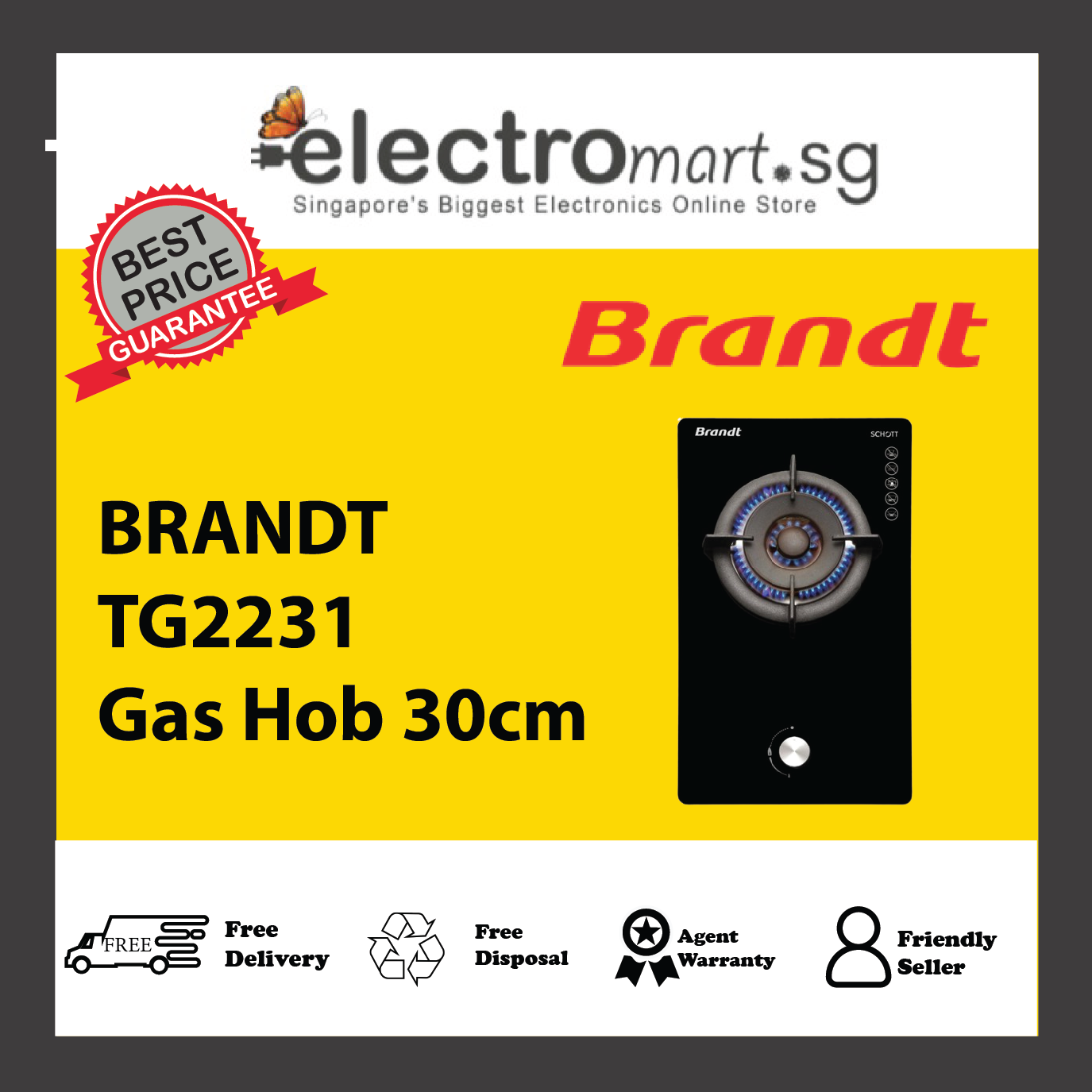 BRANDT TG2231BBP/ BBL/ BEP/ BEL Gas Hob 30cm