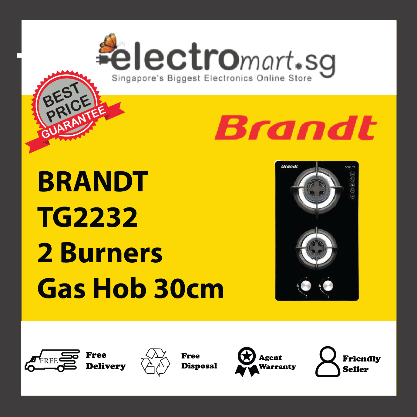 BRANDT TG2232BBP/BBL/BEP/BEL 30CM 2 BURNERS GAS HOB