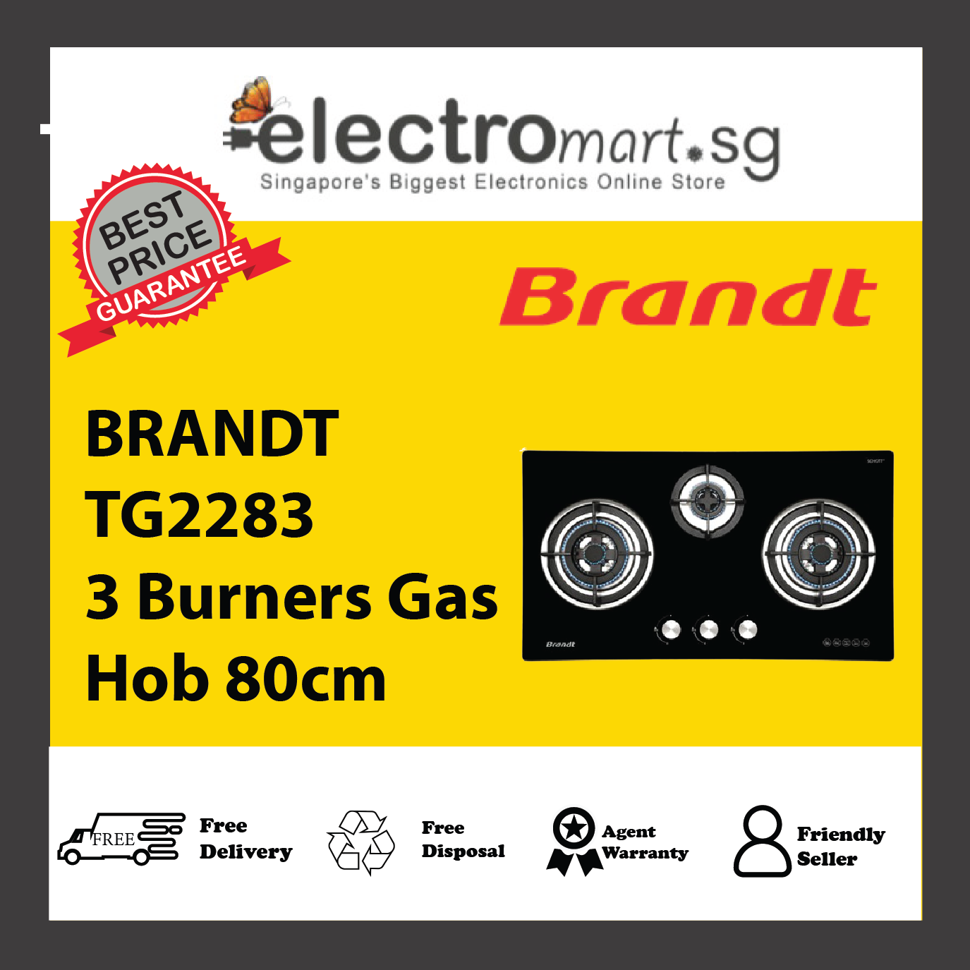 BRANDT TG2283BBP/BBL/BEP/BEL 3 Burners Gas Hob 80cm