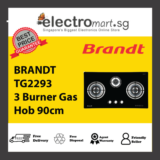 BRANDT TG2293BBP/BBL 3 Burner Gas Hob 90cm