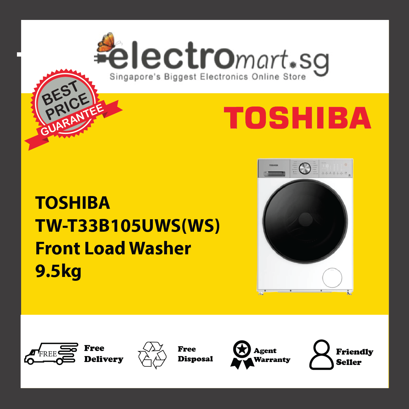 TOSHIBA TW-T33B105UWS(WS) Front Load Washer 9.5kg