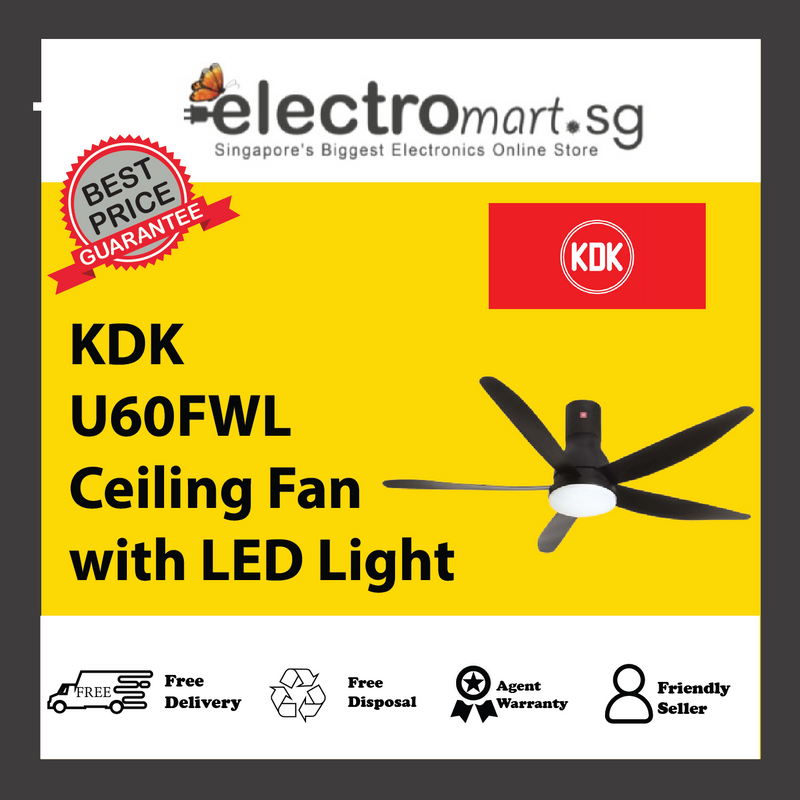 KDK U60FWL 5-Blades Remote Control DC Ceiling Fan with LED Light (150cm) (Long Downrod)