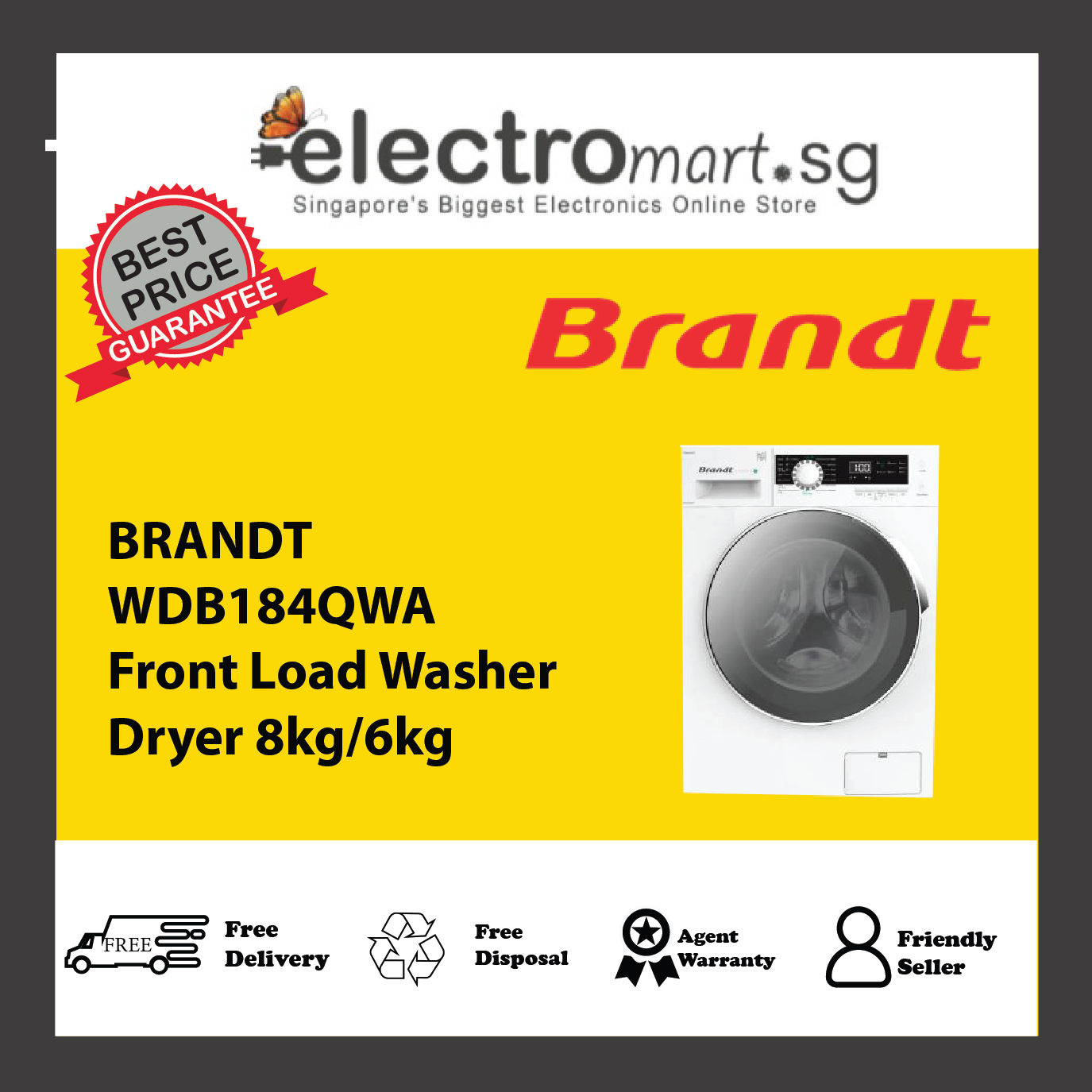 BRANDT WDB184QWA Front Load Washer Dryer 8kg/6kg