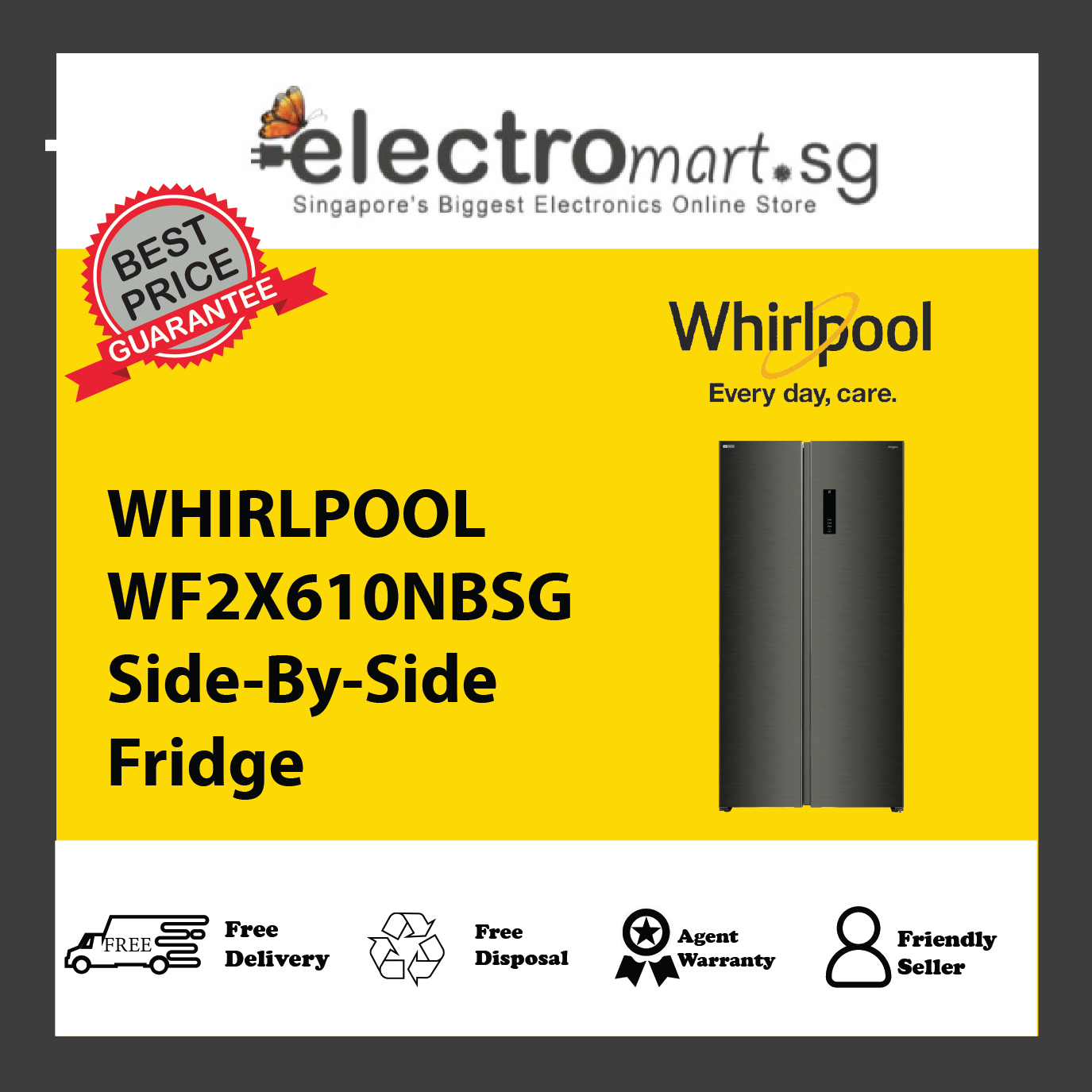 WHIRLPOOL WF2X610NBSG Side-By-Side Fridge 610L