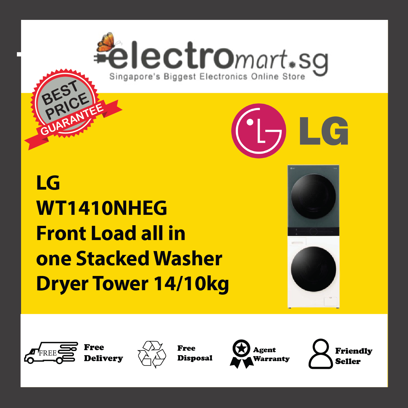 LG WT1410NHEG Front Load all in one Stacked Washer Dryer Tower 14/10kg