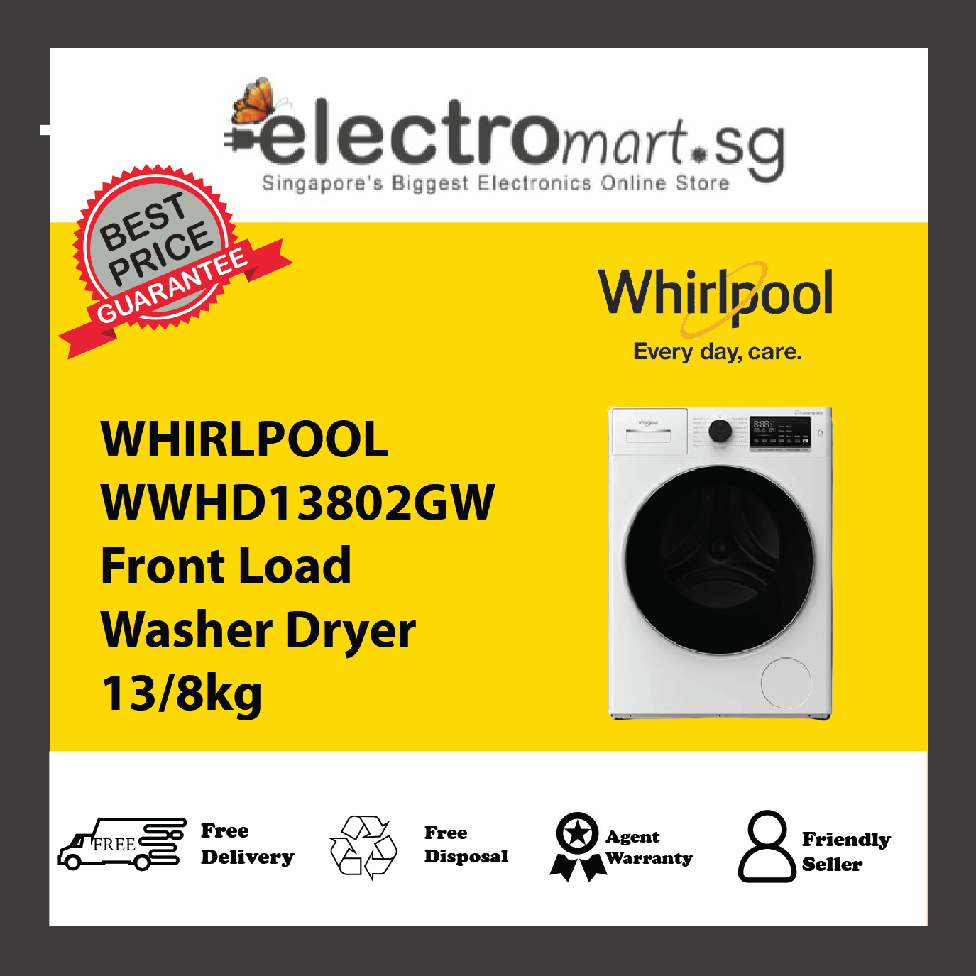 WHIRLPOOL WWHD13802GW Front Load Washer Dryer 13/8kg