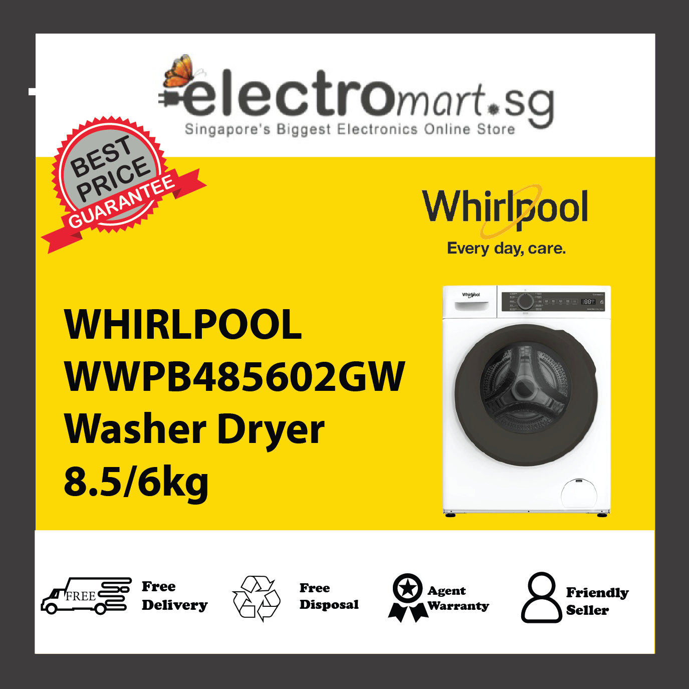 WHIRLPOOL WWPB485602GW Washer Dryer 8.5/6kg