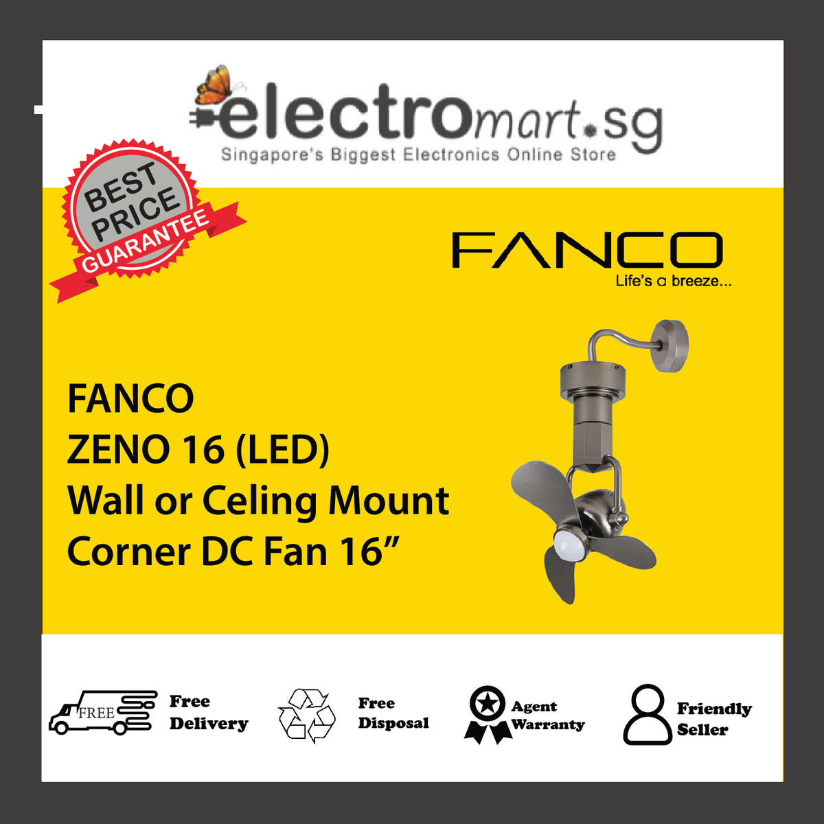 FANCO ZENO 16 (LED) Wall or Celing Mount Corner DC Fan 16”