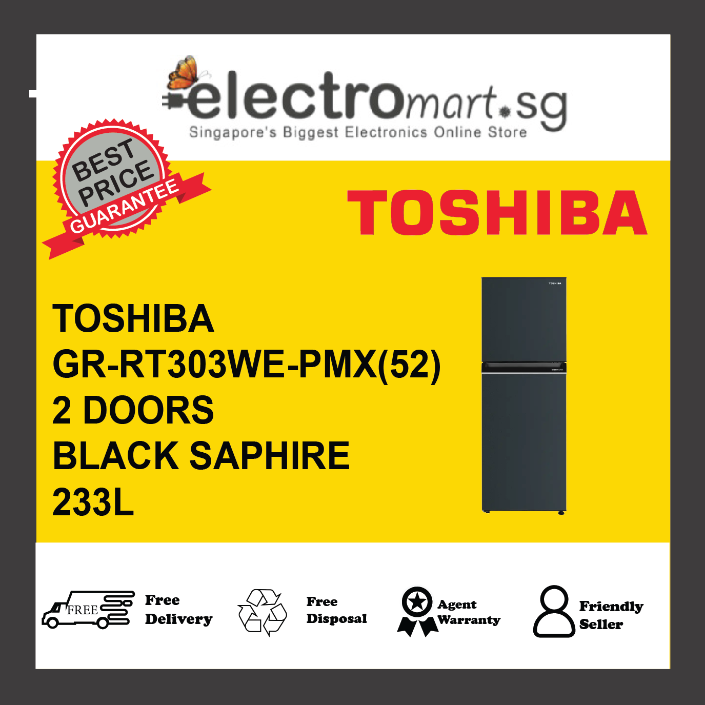 TOSHIOBA GR-RT303WE-PMX(52)  233L 2-Door Refrigerator - Black Sapphire