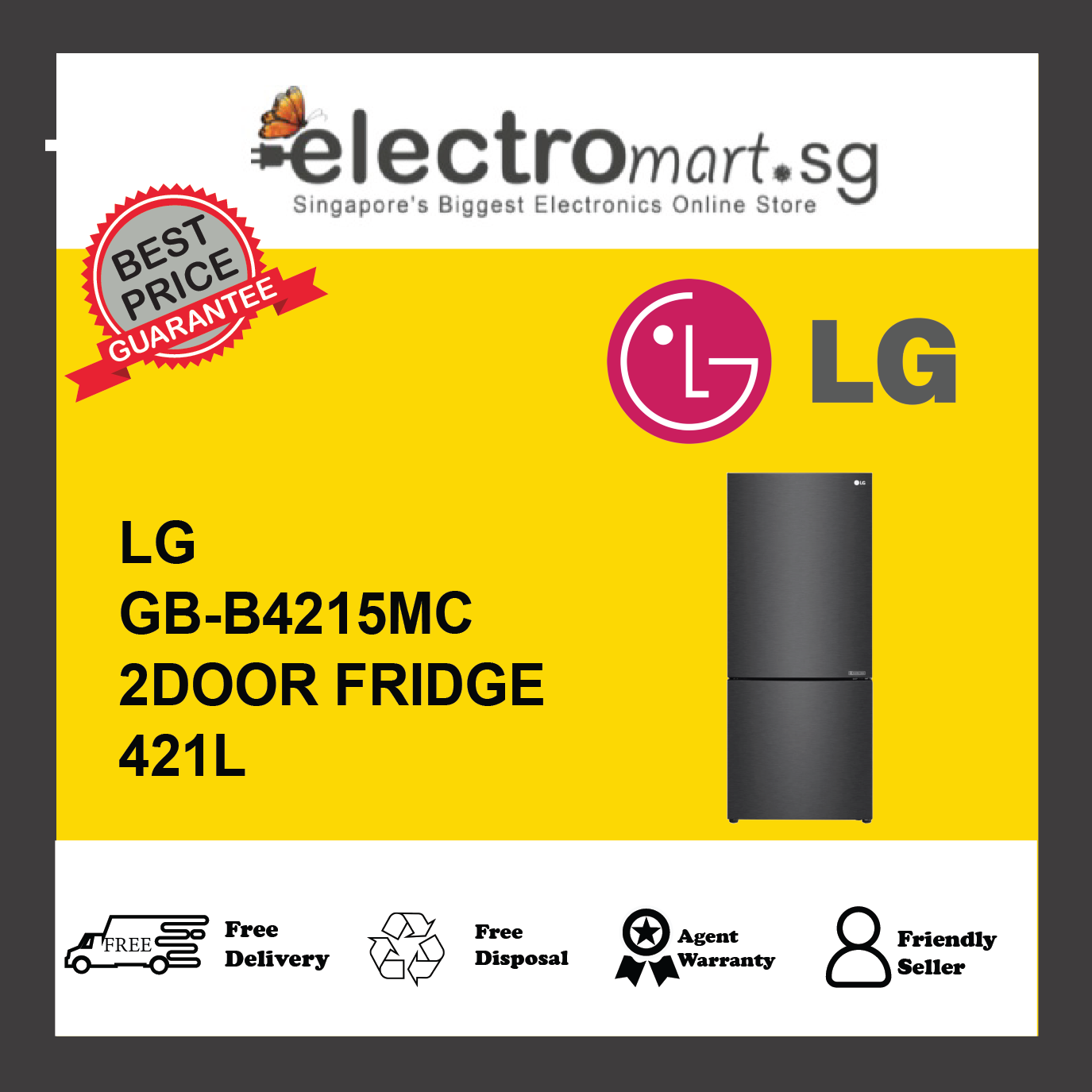 LG GB-B4215MC 2-Door Fridge 421L