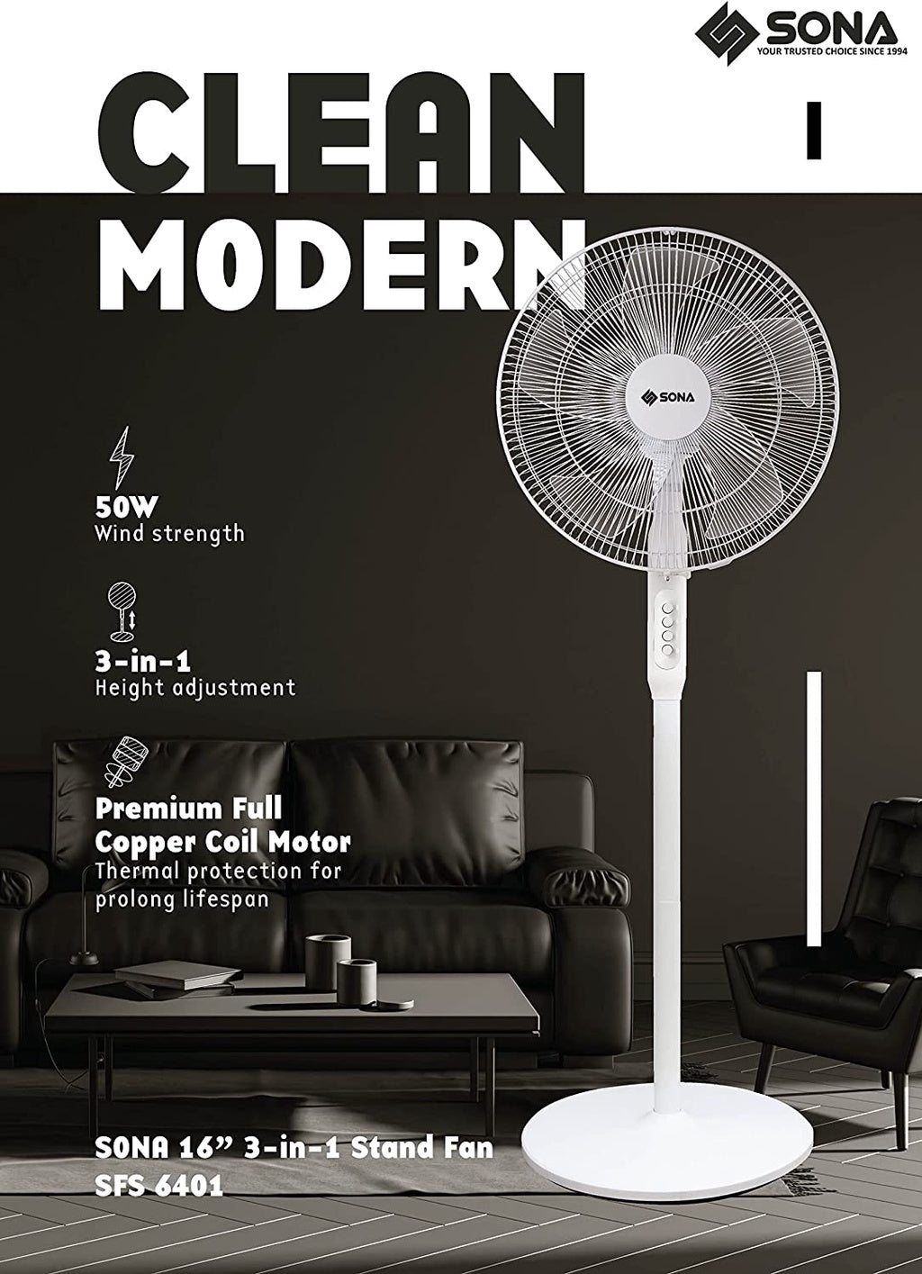 SONA SFS 6401 3 -IN-1 STAND FAN 16"