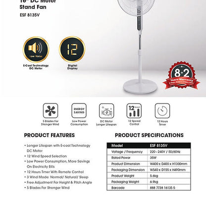 EuropAce ESF8135V  DC Motor Stand  Fan With Remote 16”