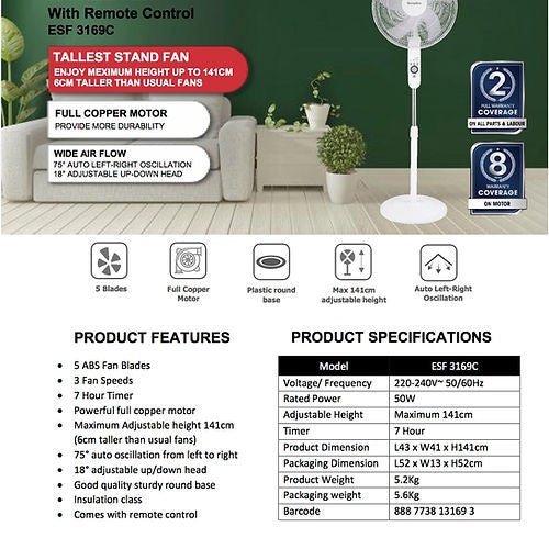 EuropAce ESF3169C Stand Fan With Remote 16”