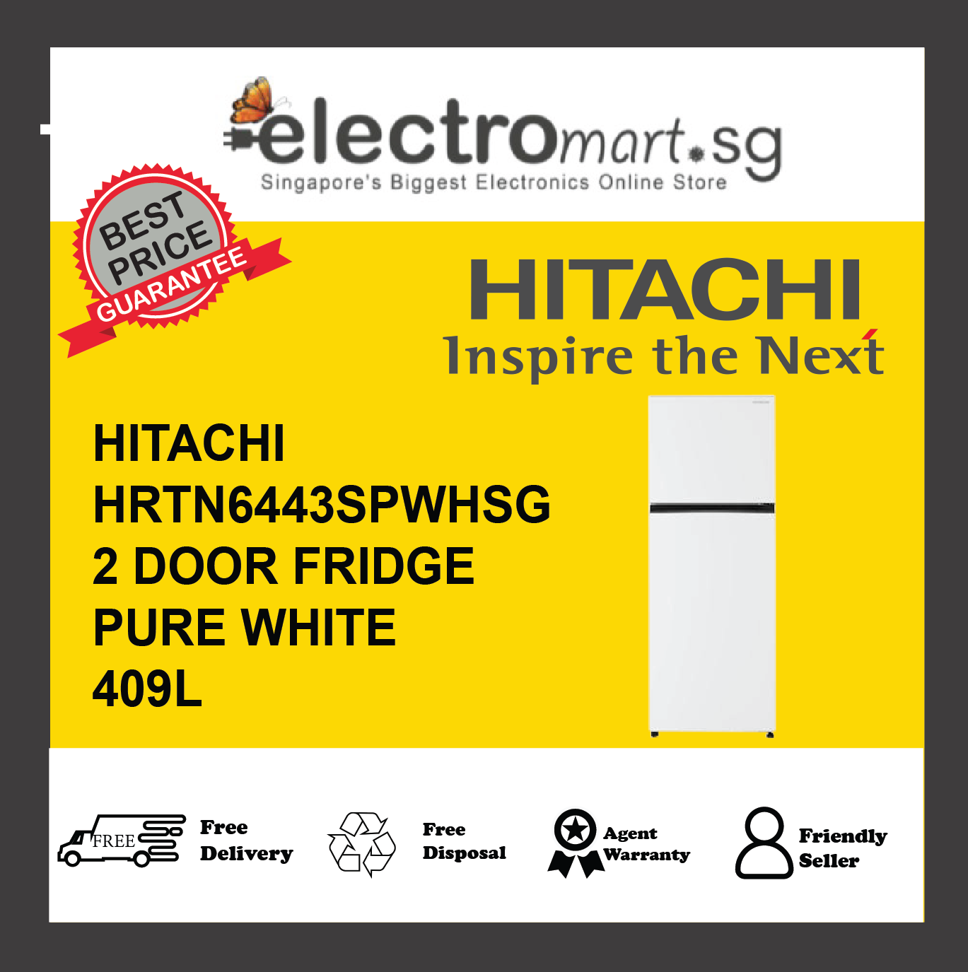 HITACHI HRTN6443SPWHSG 2-Door Fridge - Pure White
