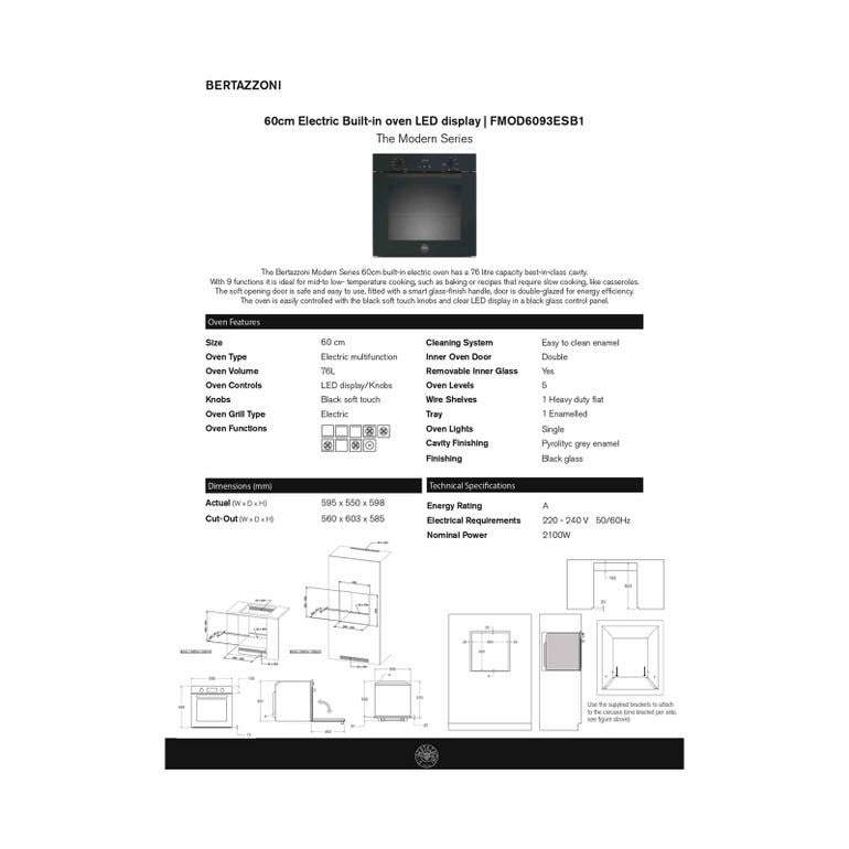 BERTAZZONI FMOD6093ESB1 60CM BUILT-IN OVEN (76L)/(BLACK GLASS MODERN SERIES)