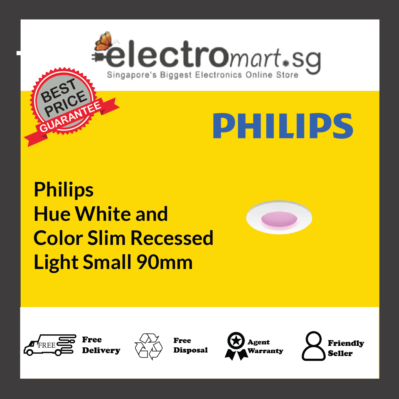 Philips Hue White and Color Slim Recessed Light Small 90mm White 8.3W 1000  lm