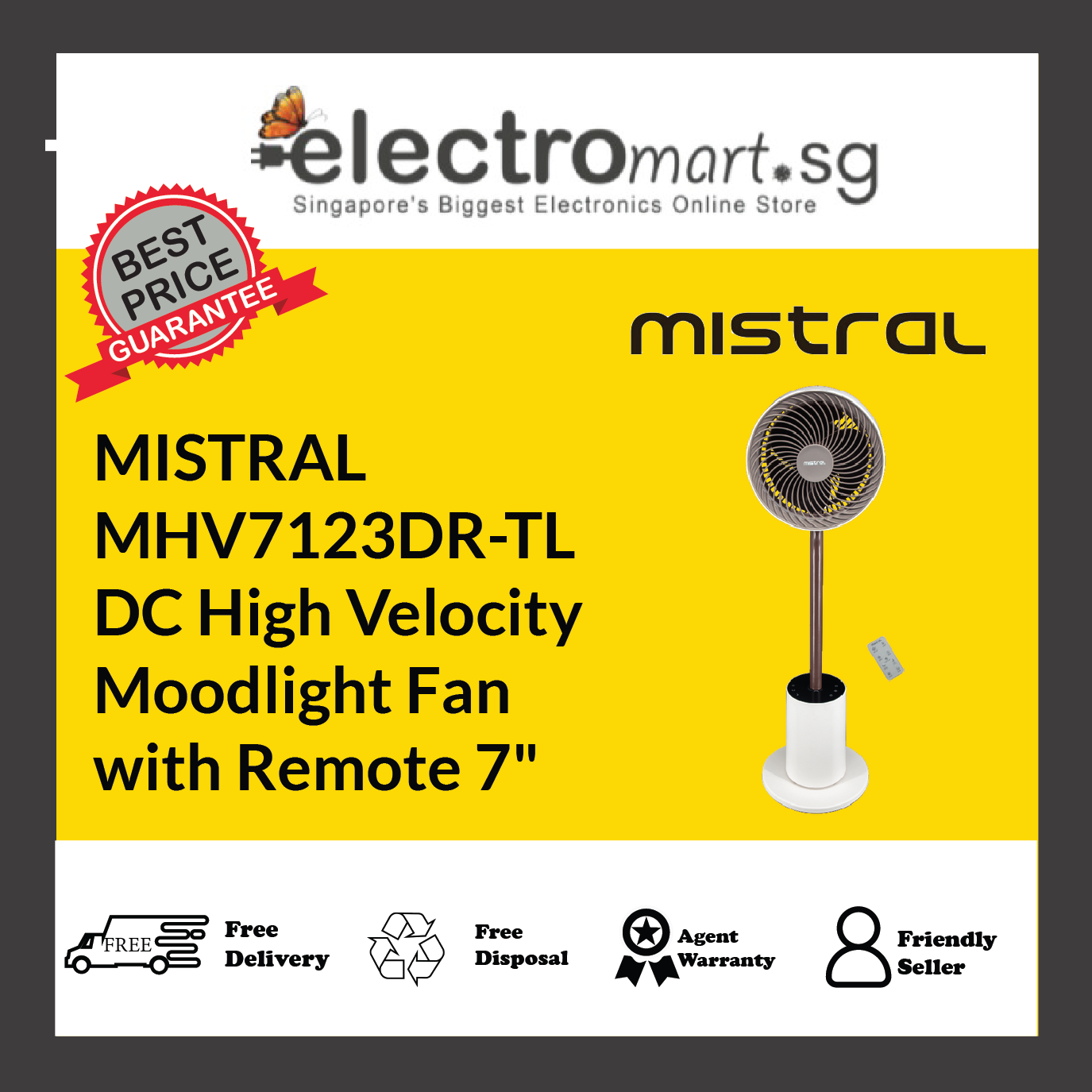 Mistral MHV7123DR-TL 7" DC High Velocity Moodlight Fan with Remote - Twilight