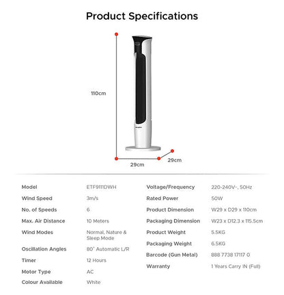 EUROPACE ETF9111DWH 44” Tower Fan with Ionizer