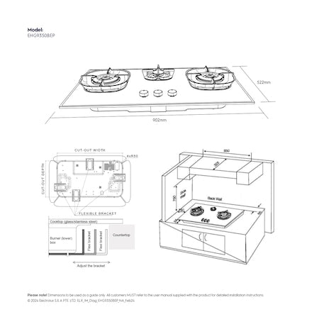 ELECTROLUX EHG9350BEP built-in gas hob with 3 cooking  zones (PUB) 90cm