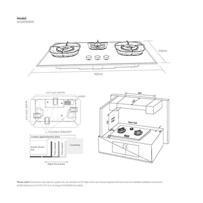 ELECTROLUX EHG9350BEP built-in gas hob with 3 cooking  zones (PUB) 90cm
