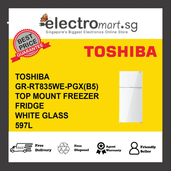 TOSHIBA GR-RT835WE-PGX(B5) Top Mount Freezer Fridge, 597L- White Glass