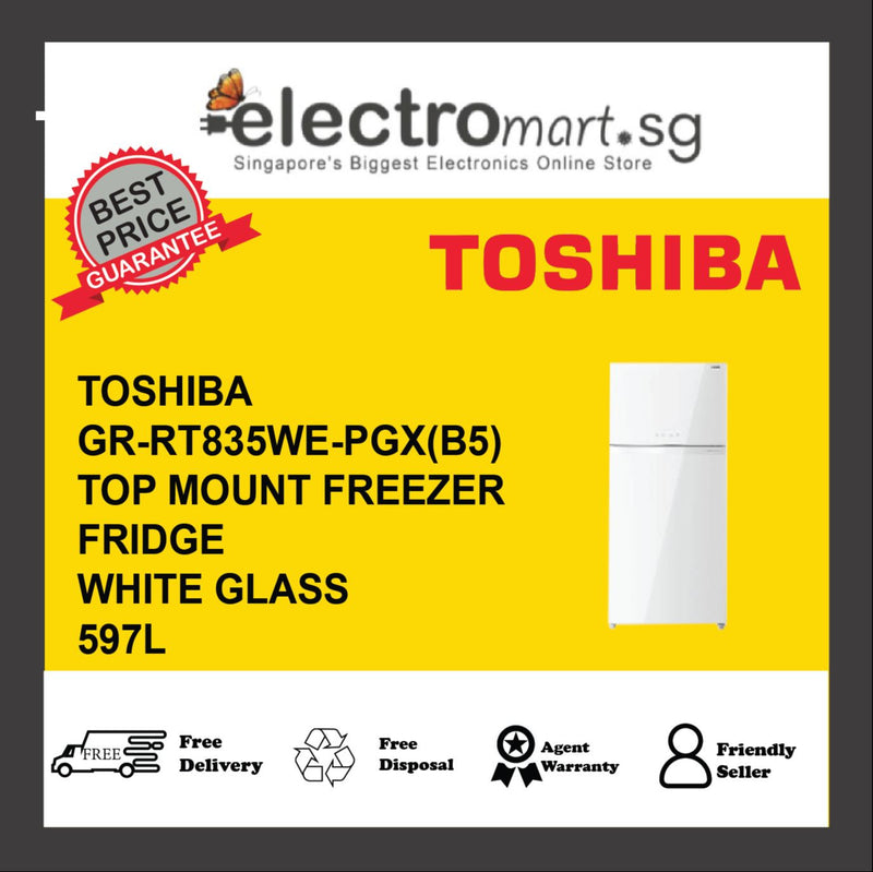 TOSHIBA GR-RT835WE-PGX(B5) Top Mount Freezer Fridge, 597L- White Glass
