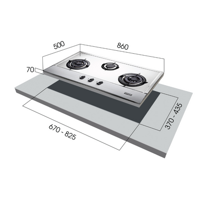 EUROPACE EBH3391U Built-In Stainless Steel Gas Hob (3 burner) 90cm
